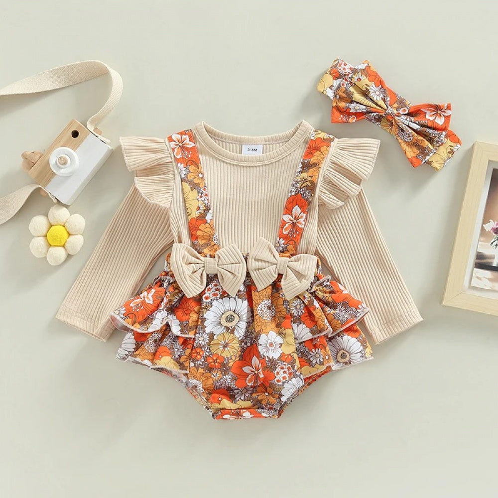 Romper Infantil Bela Floral com Manga Comprida Bege