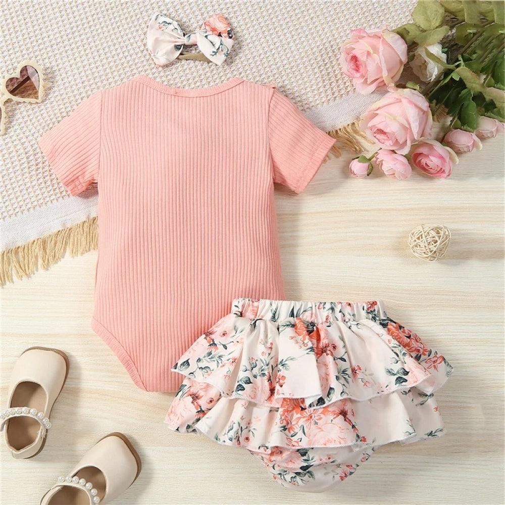 Conjunto Infantil Floral Body e Saia Rosa