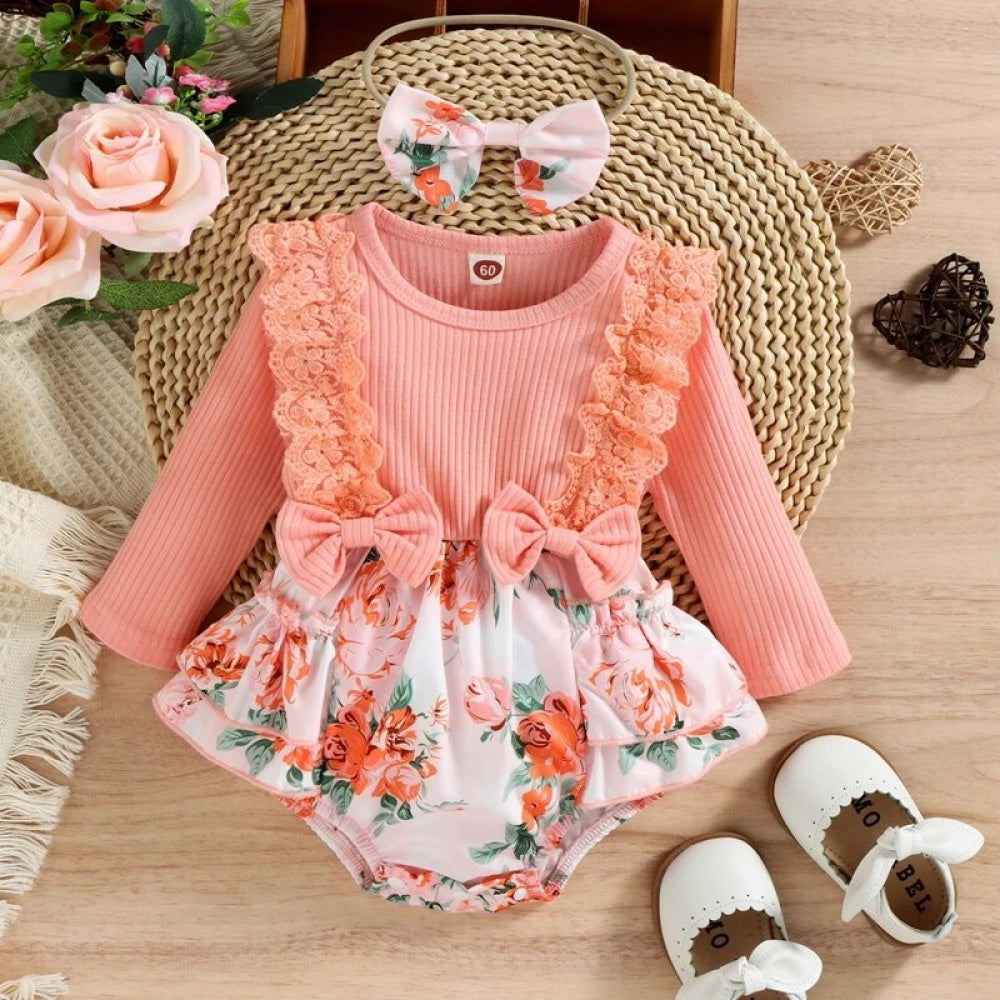 Romper Infantil Rosa Floral de Manga Comprida