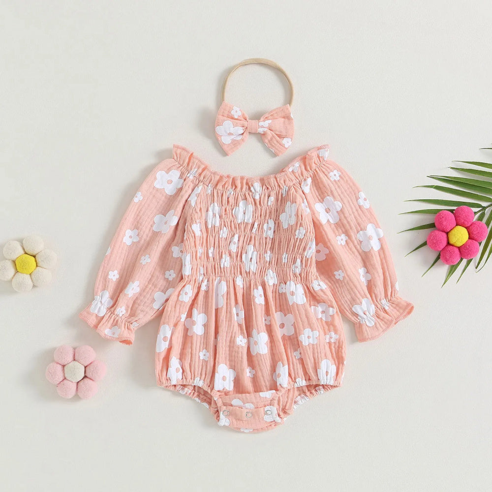 Romper infantil Florzinha Lili Manga Comprida com Laço Rosa