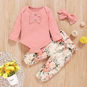 Conjunto Floral Infantil Calça e Body de Manga Comprida Rosa