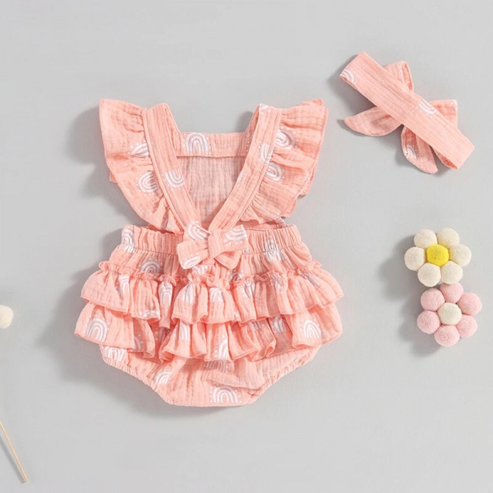 Romper Infantil  Arco-Íris Lili com Laço Rosa