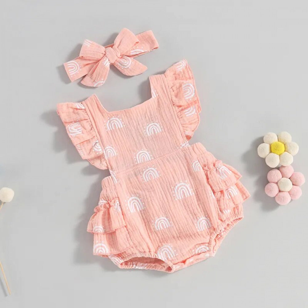 Romper Infantil  Arco-Íris Lili com Laço Rosa