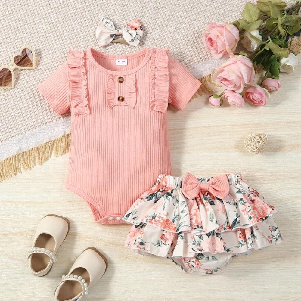 Conjunto Infantil Floral Body e Saia Rosa