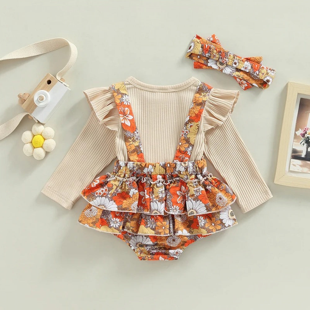 Romper Infantil Bela Floral com Manga Comprida Bege