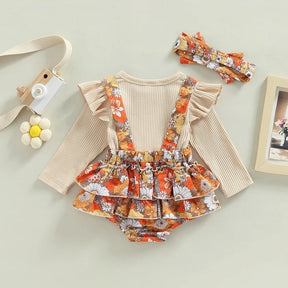 Romper Infantil Bela Floral com Manga Comprida Bege