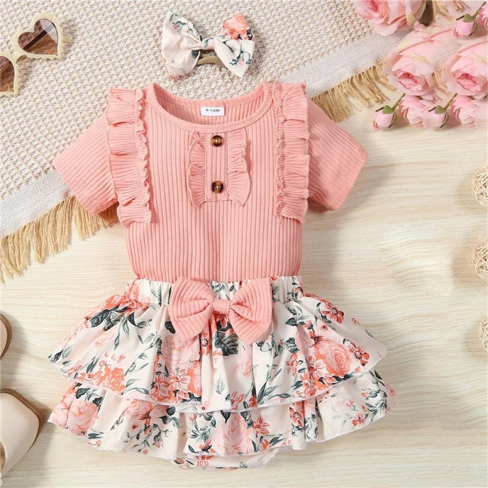 Conjunto Infantil Floral Body e Saia Rosa