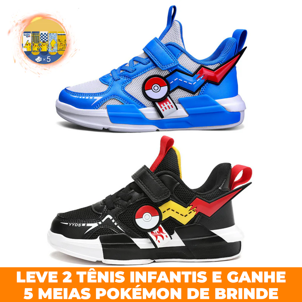 Kit 2 Tênis Infantil Masculino Pokémon Go PisaHappy + 5 Pares de Meias