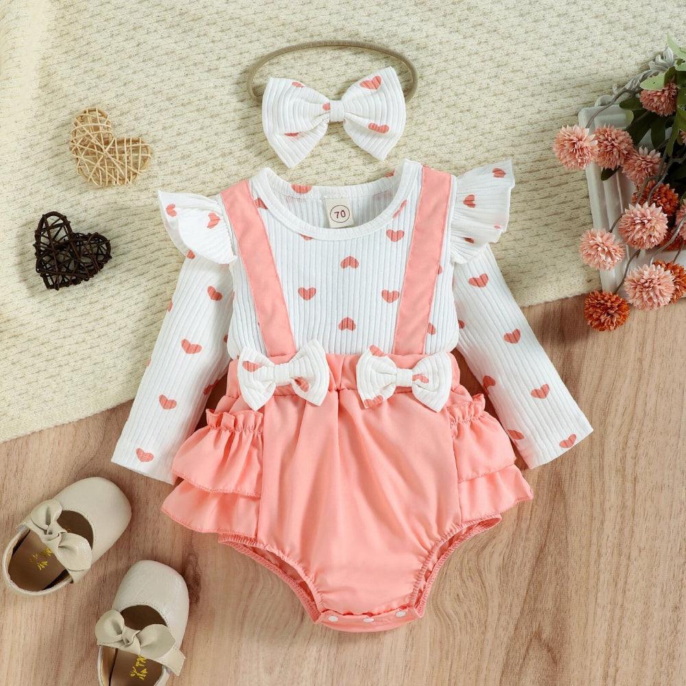 Romper Infantil  Corações Branco com Rosa de Manga Comprida