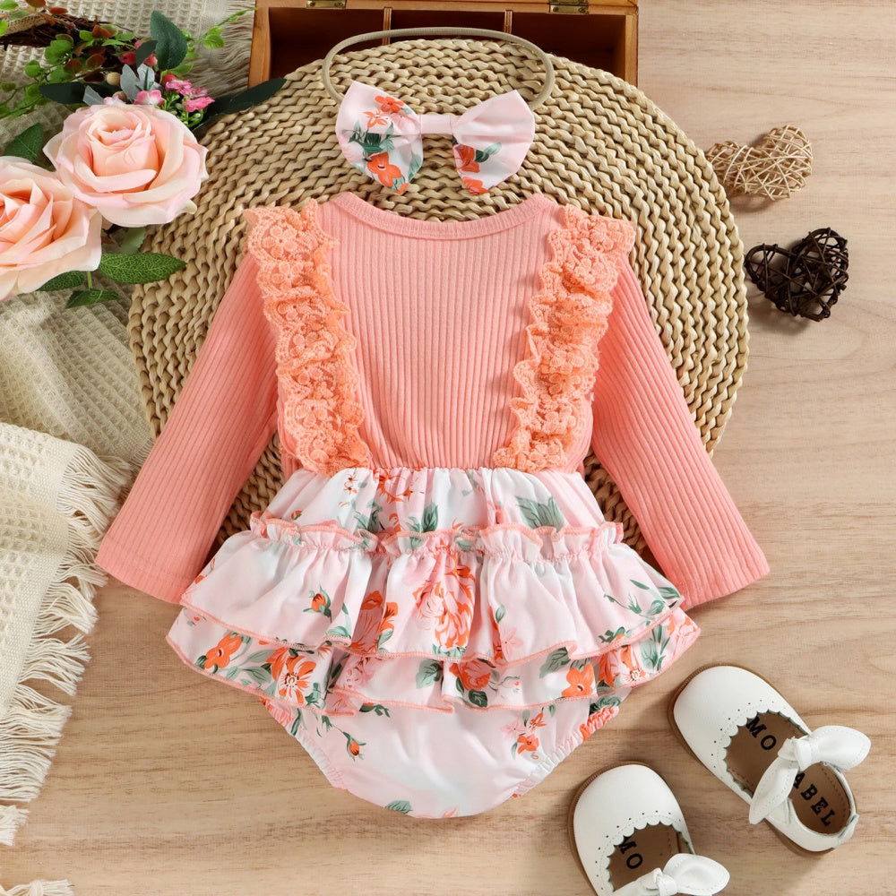 Romper Infantil Rosa Floral de Manga Comprida