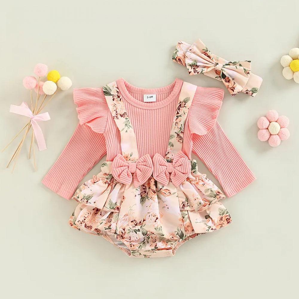 Romper Infantil Leyla Floral Manga Comprida Rosa