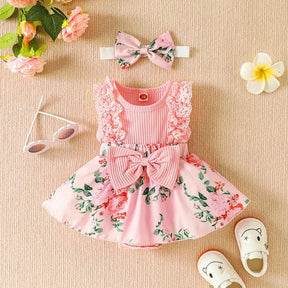 Vestidinho Infantil Floral Lili com Laço Rosa