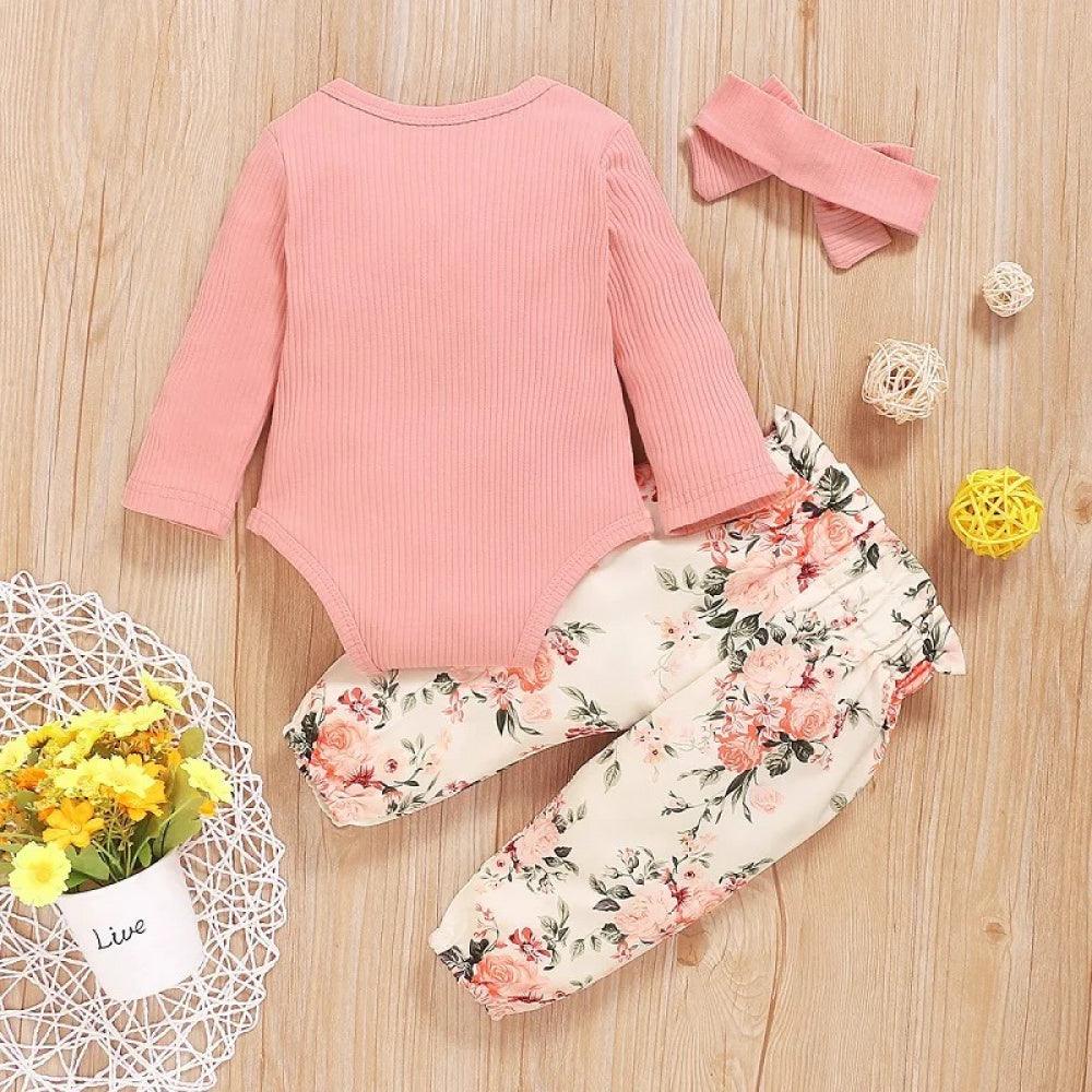 Conjunto Floral Infantil Calça e Body de Manga Comprida Rosa