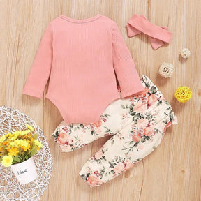 Conjunto Floral Infantil Calça e Body de Manga Comprida Rosa