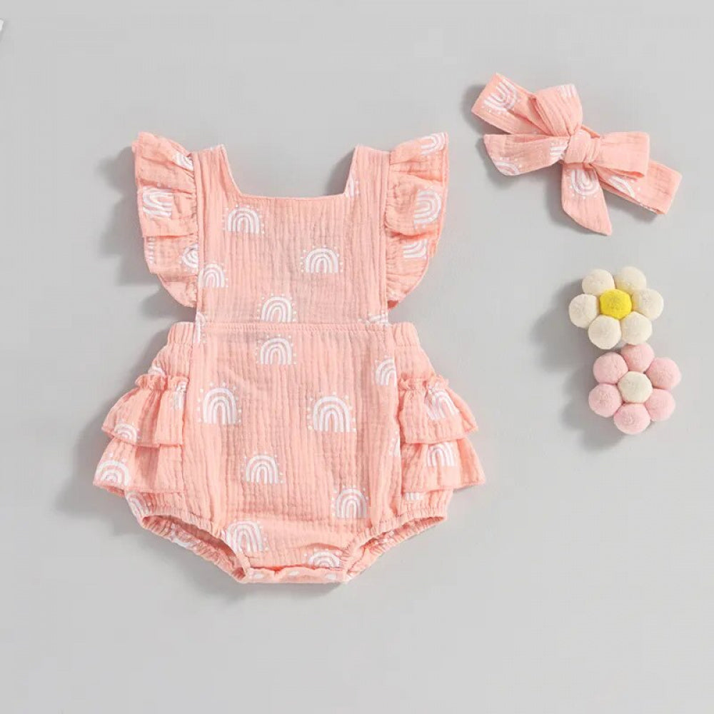 Romper Infantil  Arco-Íris Lili com Laço Rosa