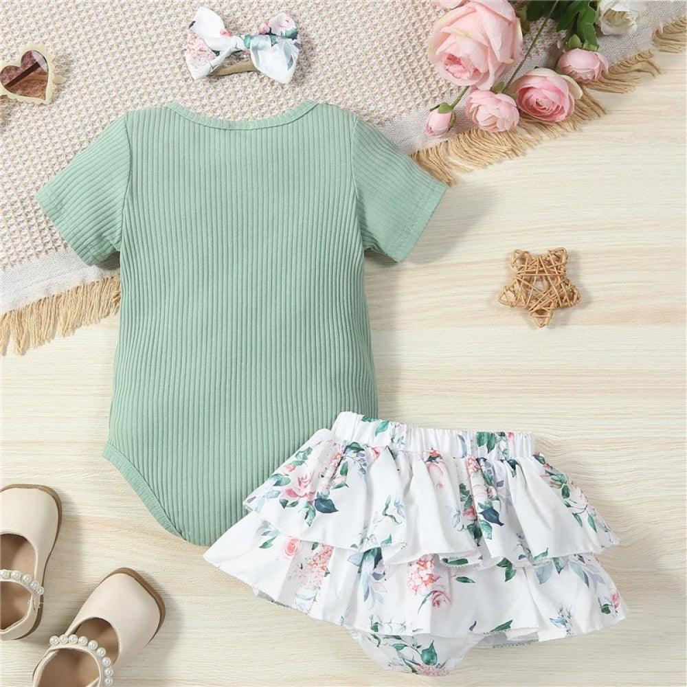 Conjunto Infantil Floral Body e Saia Verde