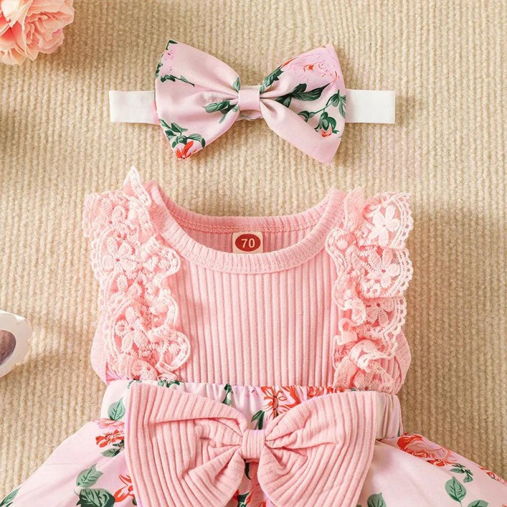 Vestidinho Infantil Floral Lili com Laço Rosa