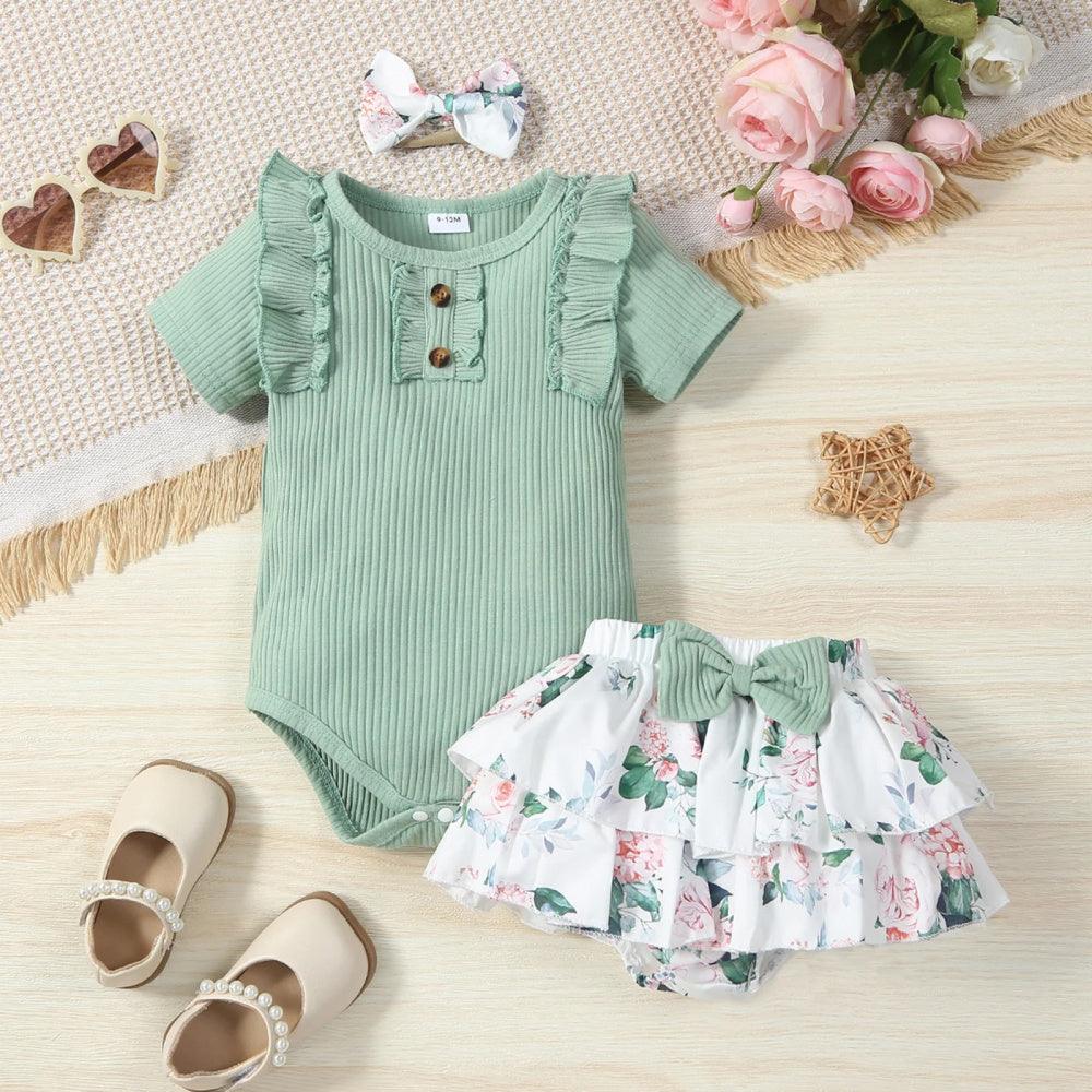 Conjunto Infantil Floral Body e Saia Verde