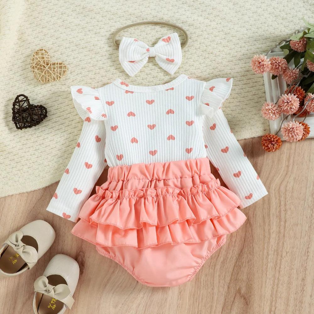 Romper Infantil  Corações Branco com Rosa de Manga Comprida