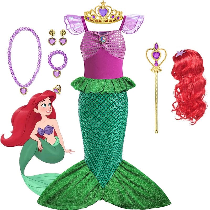 Fantasia Encantada da Pequena Sereia Ariel - Kit Completo com Coroa, Peruca, Varinha e Brincos e Colares